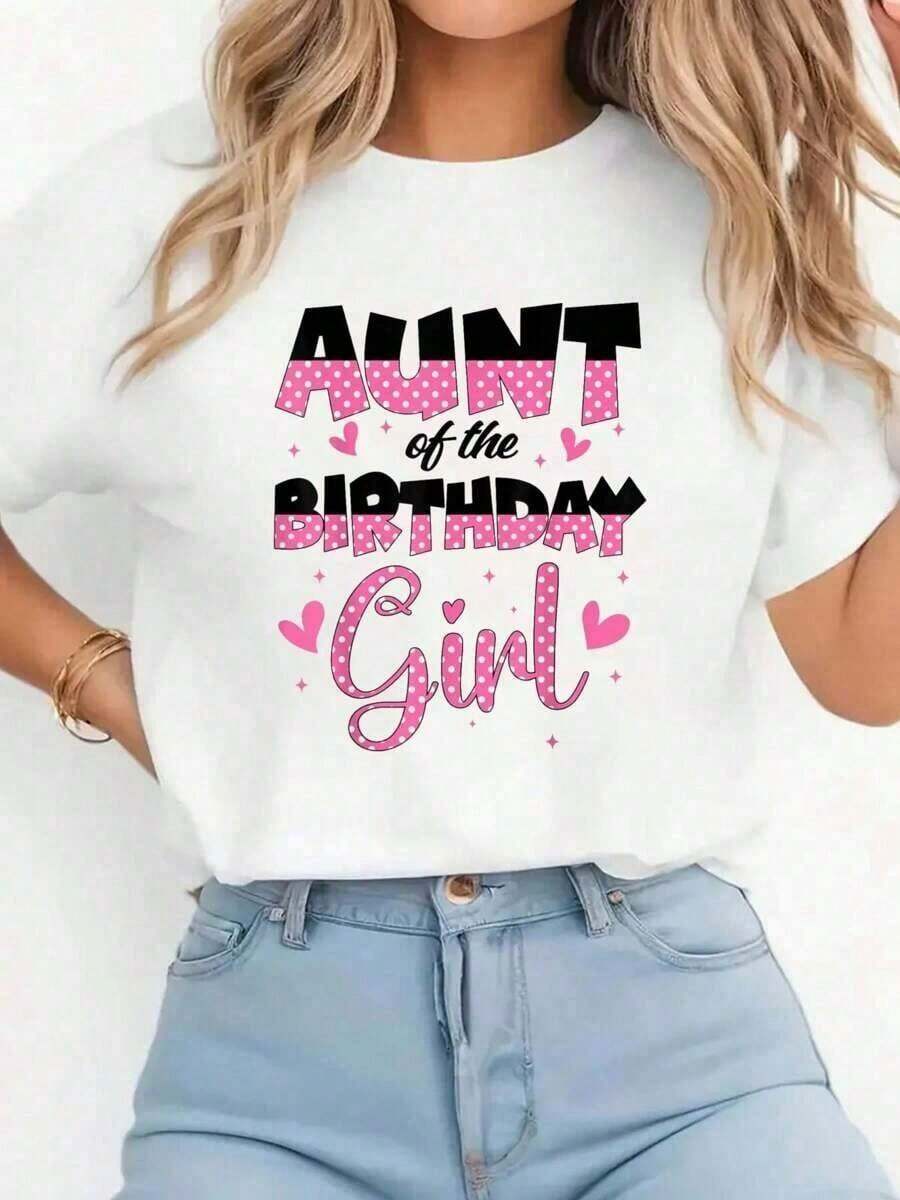 1 Piece "Aunt Of The Birthday Celebrant" Print T-Shirt For Family Party Decorations, Casual Short Sleeve Crew Neck T-Shirt, Comfortable, For Spring And Summer, Women's Clothing, 180g 100% Cotton. - 白色 - 查看 1