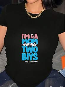 Camiseta de mujer - Camiseta negra gruesa con la impresión "Tengo dos bebés", corte holgado, adecuada para el uso diario de las madres, lavable a máquina, top casual para todas las estaciones, ropa cómoda, moderna y a la moda, con tela duradera. Top de manga corta cómodo y versátil. - Negro - Ver 1