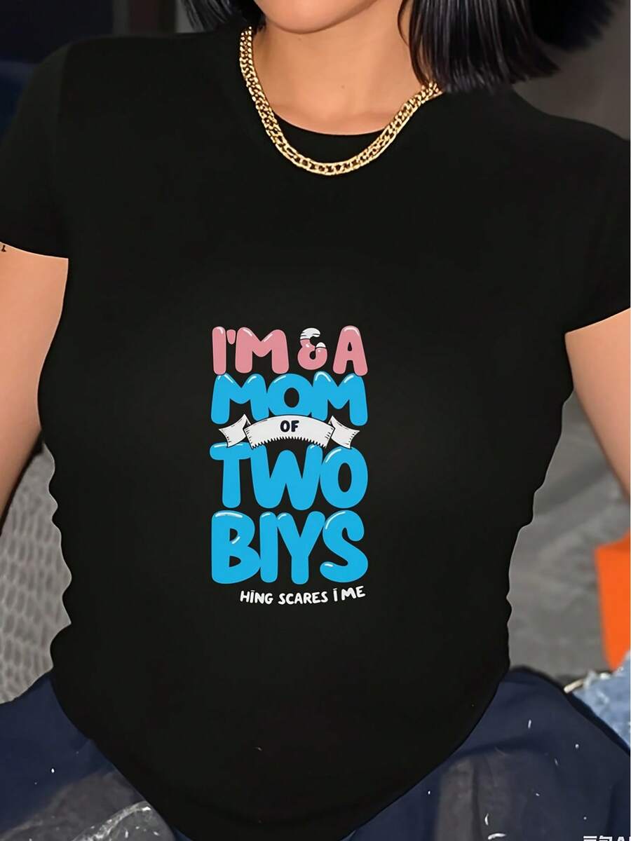 Camiseta de mujer - Camiseta negra gruesa con la impresión "Tengo dos bebés", corte holgado, adecuada para el uso diario de las madres, lavable a máquina, top casual para todas las estaciones, ropa cómoda, moderna y a la moda, con tela duradera. Top de manga corta cómodo y versátil. - Negro - Ver 1