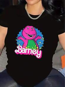 Women's Short-Sleeved T-Shirt With A Barney The Dinosaur Design, Made Of Lightweight Fabric, Perfect For Casual Wear At Home Or In A Restaurant. A Comfortable And Durable Everyday Clothing Option. A Matching Cotton T-Shirt For The Whole Family. - 黑色 - 查看 12