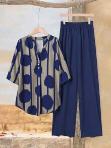 Conjunto informal de blusa de manga corta con cuello en V a rayas y pantalón de pierna ancha para mujer - Azul marino 2 - Ver 4