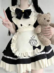 1PC Japanese Anime Lolita Cute Soft Girl Cat Maid Restaurant Dress Costume Black Fall - Black - View 2