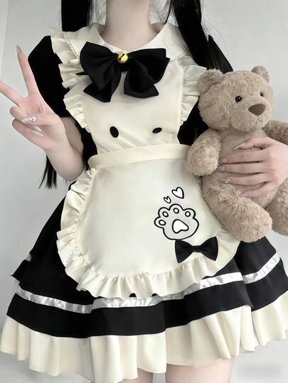 1PC Japanese Anime Lolita Cute Soft Girl Cat Maid Restaurant Dress Costume Black Fall