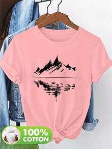 Women's 100% Cotton Short Sleeve T-Shirt With Subtle Outdoor-Themed Patches - Casual Spring And Summer Blouse, Machine Washable, Ideal For Picnics And Casual Wear, Non-Outdoor Printed T-Shirts - 羅莎 - 查看 3