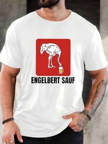 Men's T-Shirt With A Fun Ostrich Drinking Beer Design: White Base With A Red Background, Featuring A White-Painted Ostrich Pecking At Beer, With Lettering. A Quirky Style With A Relaxed And Humorous Touch, Suitable For Casual Everyday Wear And Gatherings With Friends. Men's Clothing, T-Shirts, Men's Western Wear, Men's Shirts, Graphic T-Shirts, Women's Clothing, Summer Tops, Summer Wear, Graphic T-Shirts. - 白色 - 查看 7