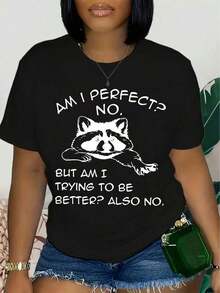 1 Piece Women's Casual Short Sleeve Crew Neck T-Shirt With Letter And Raccoon Print, Stretch Polyester Knit Fabric, Funny Slogan T-Shirt For All Seasons-1-1 Women's T-Shirts - 黑色 - 查看 1
