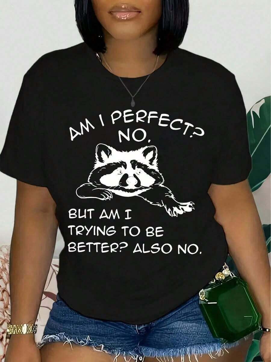 1 Piece Women's Casual Short Sleeve Crew Neck T-Shirt With Letter And Raccoon Print, Stretch Polyester Knit Fabric, Funny Slogan T-Shirt For All Seasons-1-1 Women's T-Shirts - 黑色 - 查看 1