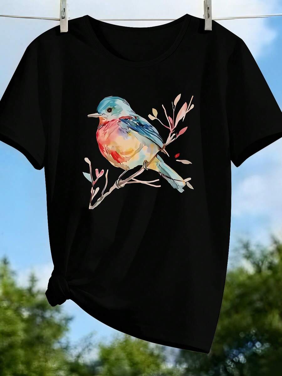 Women's Casual T-Shirt - Watercolor Floral Print - Printed Design - Casual Sports T-Shirt For Women - Beautiful Short Sleeves, Suitable For All Seasons, Comfortable Fabric, Urban Style, Perfect For Everyday Wear - 黑色 - 查看 1