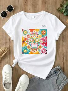 Limited Time Offer, Limited Quantity Available, Lightning , Women's Shirts, Women's T-Shirts. Women's Oversized White T-Shirt, Short Sleeve, Round Neck, Colorful Graffiti  Mask Print, Casual Mexican Style For Everyday Wear - 白色 - 查看 3