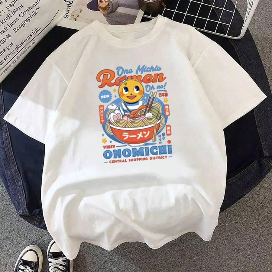 Unisex Ono-Michio-Ramen T-Shirt With Retro Anime And Cartoon Print. Casual Summer T-Shirt With A Loose Fit. - 白色 - 查看 1