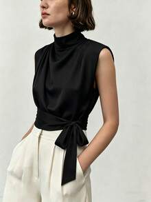 ZAHM Elegantes Jacquard-Satin-Top ohne Ärmel mit Bindegürtel, Sommerurlaub Schwarz - Schwarz - Übersicht 7