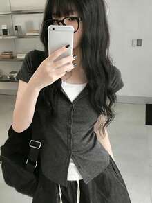 Korean Chic Contrast Color Round Neck 2 In 1 Short Sleeve T-Shirt, Retro College Style Fitted Top Casual Summer - Dark Grey - View 2