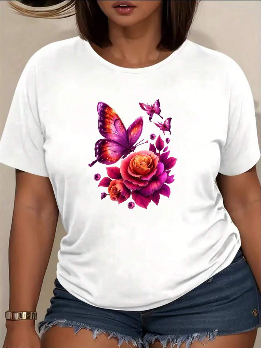 Women's Comfortable Short-Sleeved T-Shirt, Holiday Gift, Back-To-School T-Shirt - Comfortable And Relaxed, Crew Neck, Butterfly Print T-Shirt, Stylish Casual Top With Local Delivery, Pure Cotton Top For Summer And Outdoor Activities. W3BE - 白色 - 查看 1