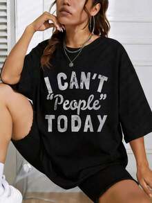 Women's Short-Sleeved Summer Casual Cotton T-Shirt With A Fun 'HELLO EVERYONE, I CAN'T TODAY' Print, Round Neck, Printed, For Everyday Wear, They Are Great Gifts For Friends And Family, 100% Cotton T-Shirts, Youthful And Fashionable Design, Casual Blouses For Women. - 黑色 - 查看 1
