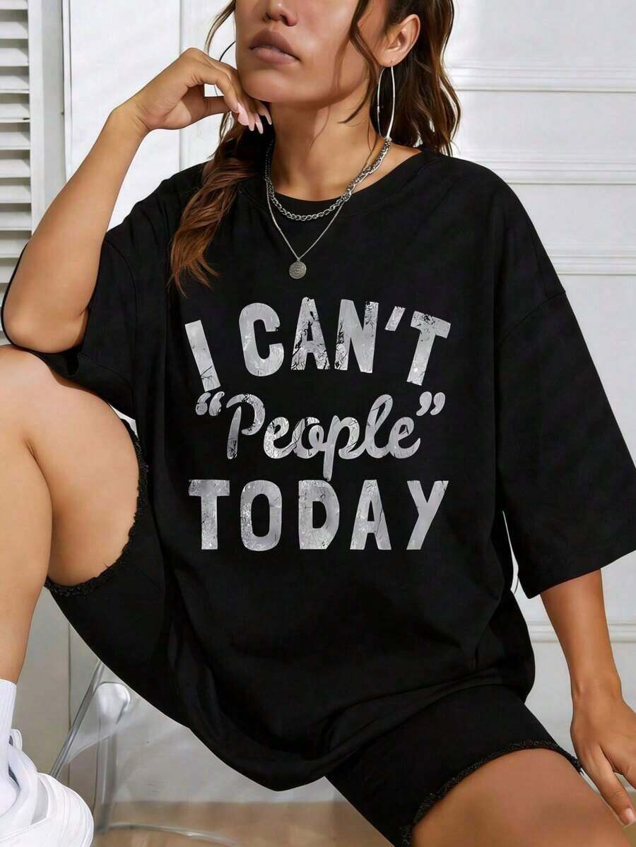 Women's Short-Sleeved Summer Casual Cotton T-Shirt With A Fun 'HELLO EVERYONE, I CAN'T TODAY' Print, Round Neck, Printed, For Everyday Wear, They Are Great Gifts For Friends And Family, 100% Cotton T-Shirts, Youthful And Fashionable Design, Casual Blouses For Women. - 黑色 - 查看 1
