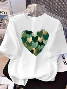 Women's T-Shirt With Inspirational Green Heart Print - Crew Neck Top - Lightweight Casual Fancy Design For Spring/Summer With Signature Slogan - Comfortable Machine Washable Casual Wear - White - View 1