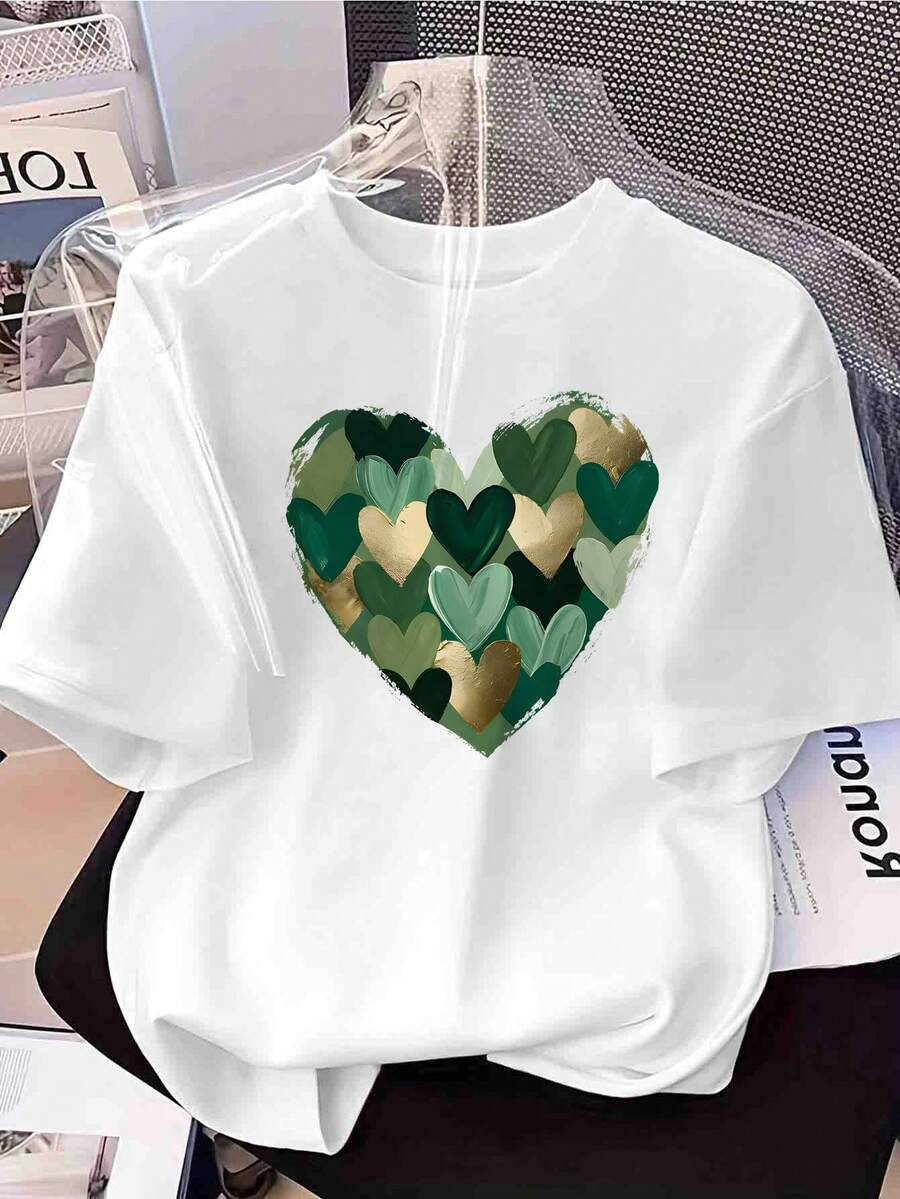 Women's T-Shirt With Inspirational Green Heart Print - Crew Neck Top - Lightweight Casual Fancy Design For Spring/Summer With Signature Slogan - Comfortable Machine Washable Casual Wear - White - View 1