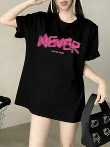 Spring/Summer 2026: New Women's Short Sleeve T-Shirt, Loose Fit And Dropped Shoulders, With A Minimalist Japanese Style Print With Pastel Letters, Perfect For A Light And Sweet Casual Look That Stands Out, Ideal For Everyday Summer Wear. - 黑色 - 查看 7