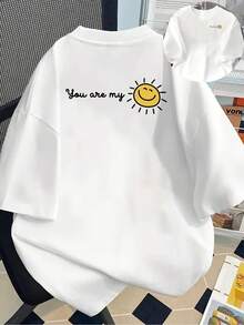 New 180g Short-Sleeved T-Shirt, 1% Cotton, With Front And Back Print - You Are My Sunshine, Sunshine Smile - Fashionable Printed T-Shirt For Women, Short-Sleeved, Suitable For All Seasons, Modern Clothing - Can Be Worn As A Base Layer In Spring And Autumn Or Alone In Summer, Unisex. - 白色 - 查看 1