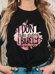Korean Fashion WomenPlus Size Slogan Print T-Shirt, Casual Short Sleeve Top For Spring & Summer, Women's Plus Size ClothingLoose And Comfortabledazy Clothes Women Summer Tops For Women - 黑色 - 查看 6