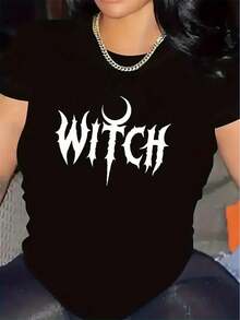 Camiseta de mujer con temática de bruja, ligera y duradera, adecuada para fiestas de Halloween o uso diario, de ajuste cómodo, un regalo ideal para amigos y familiares en un ambiente informal. Camiseta de manga corta cómoda y versátil. - Negro - Ver 12