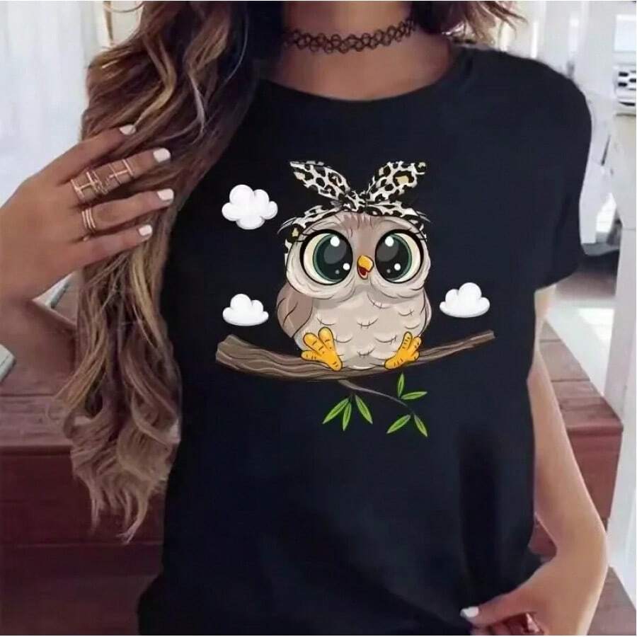 Kawaii Graphic Tees For Women, Cartoon Owl Print Tee, Casual Black Short Sleeve Tee For Women, Harajuku Round Neck Tees, Vintage Street Style, Unisex Loose Cotton Short Sleeve Round Neck Tee. - 黑色 - 查看 1