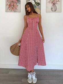 Vestido a media pantorrilla con tirantes a cuadros para mujeres, de moda y apropiado para el verano - Rojo y blanco - Ver 6
