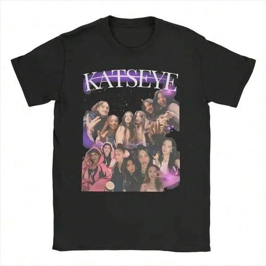 K Pop Katseye Rugged T-Shirt, Soft Yet Powerful, Short Sleeve T-Shirt With Round Neck And Album Theme, Casual T-Shirt, Unisex, Blouses For Women, Blouses, Casual Blouses For Women, Tops For Women, Tops, Unisex. - 黑色 - 查看 1