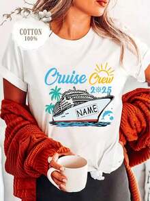 100% Cotton Summer T-Shirt For Women/Men [Personalized Product] Customization With A Carnival Boat Design And Your Desired Text, 100% Cotton T-Shirt, Personalized Name Design T-Shirt. Women's Simple Solid Color T-Shirt, Loose And Slim Fit Casual Short Sleeve - 白色的 - 查看 6