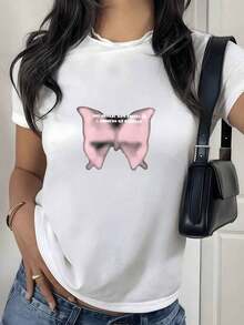 100% Cotton. Blurred Pink Butterfly Symbolizing Transformation And Freedom, Reflecting Hope In Soft Tones. Women's 100% Cotton T-Shirt With A Modern Cut. Women's Simple Solid Color T-Shirt, Loose And Slim Fit Casual Short Sleeve - 白色的 - 查看 8