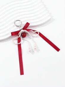 1pc French Elegant Pearl Ribbon Keychain, Dual-Color Satin Bow Design, Pearl Bow + Heart Pendant, Versatile Bag Accessory - Multicolor - View 3