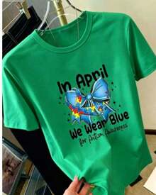 Fashionable Women's T-Shirt With A Blue Bow Print And Puzzle Pattern Promoting Autism Awareness. Unique Design, Casual Print For Everyday Wear, Round Neck, Short Sleeves, Sporty Style, Comfortable Women's T-Shirt, New, Loose And Versatile. Casual Blouse, Women's Basic Tops, Women's Cotton T-Shirts, Oversized Women's Shirt. - 綠色 - 查看 1