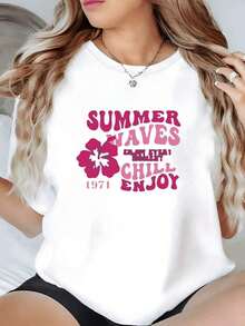100% Cotton. Hibiscus Flower And Message Celebrating Summer Waves And Positive Energy, Enjoying Every Moment. 1971 Women's T-Shirt, 100% Cotton, Casual, Comfortable, And Modern. Women's Simple Solid Color T-Shirt, Loose And Slim Fit, Casual Short Sleeve - 白色的 - 查看 8