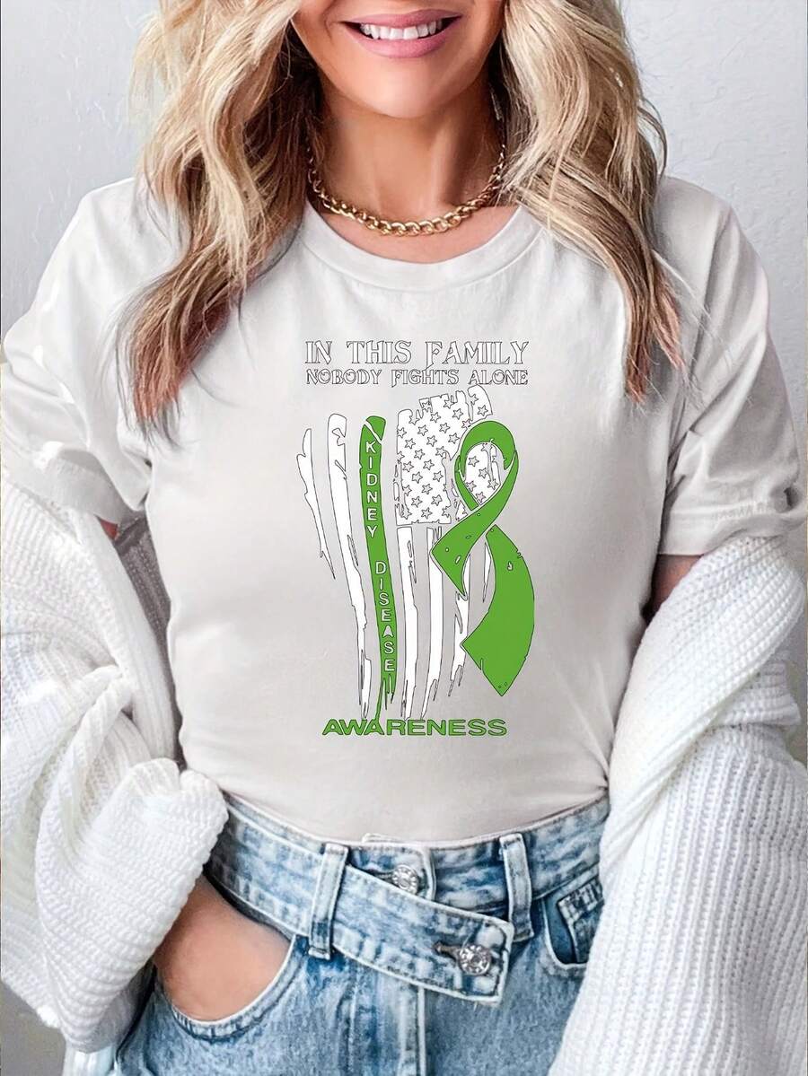 Mexican Family Support, Kidney Disease, Kidney Disease Awareness, Kidney Transplant T-Shirt, Her Gift, Kidney Cancer WarriorMonogram Printed T-Shirt, Short Sleeve Crew Neck Casual Tops For Summer And Spring, Women'sCamiseta Algodón Moda Verano - 白色 - 查看 1