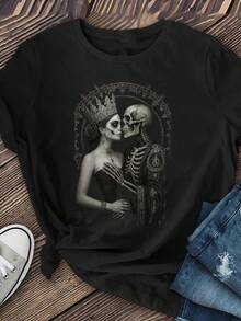 Women's T-Shirt With Vintage Skull Print - Gothic Crown And Starry Sky Design, Round Neck, Short Sleeve, Elastic And Soft, Suitable For Casual Wear In Spring, Summer And Autumn, Comfortable Medium Elasticity Fabric, Modern And Fashionable. - 黑色 - 查看 1