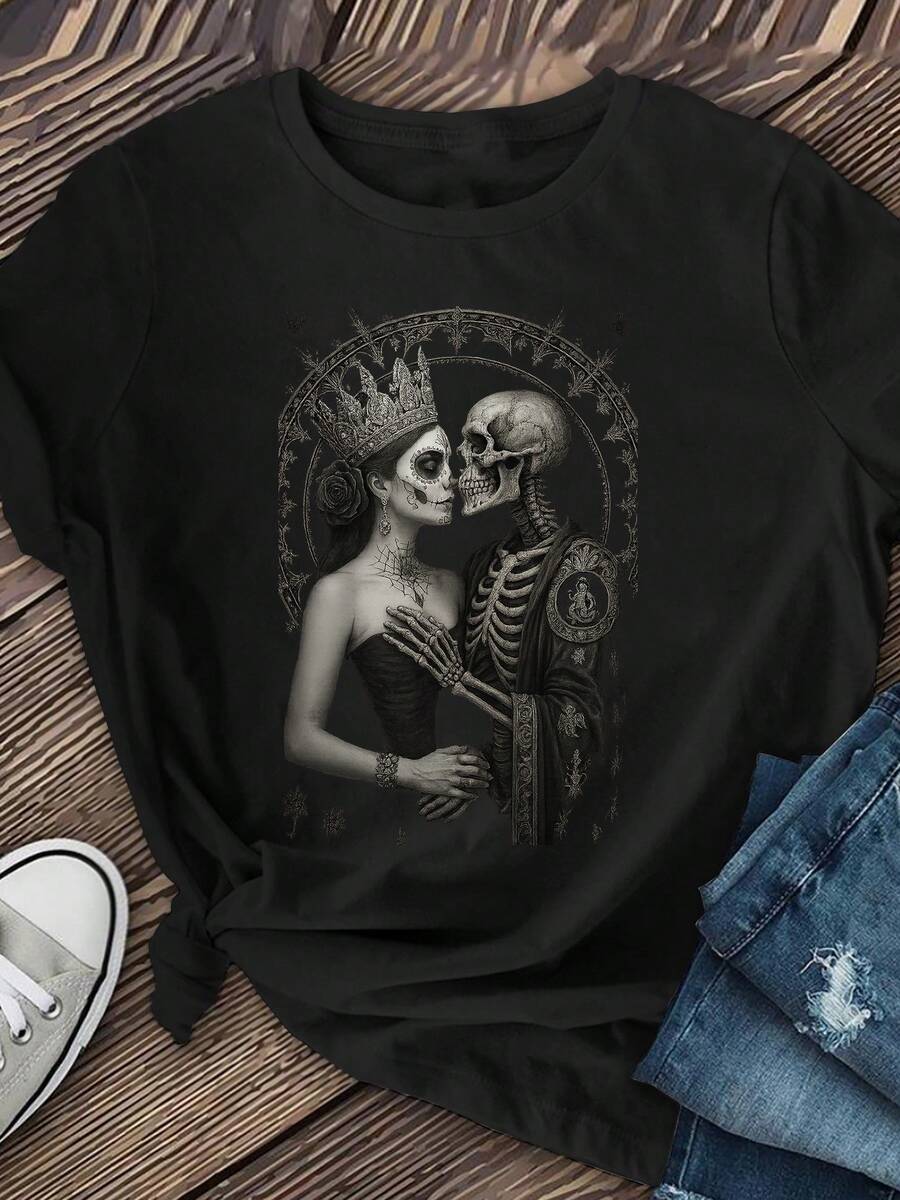 Women's T-Shirt With Vintage Skull Print - Gothic Crown And Starry Sky Design, Round Neck, Short Sleeve, Elastic And Soft, Suitable For Casual Wear In Spring, Summer And Autumn, Comfortable Medium Elasticity Fabric, Modern And Fashionable. - 黑色 - 查看 1