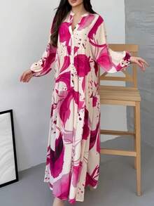 Women's Casual Maxi Dress, V-Neck With Abstract Print And Long Sleeves, Multiple Colors Available, Summer And Beach Dress - 玫紅色 - 查看 1