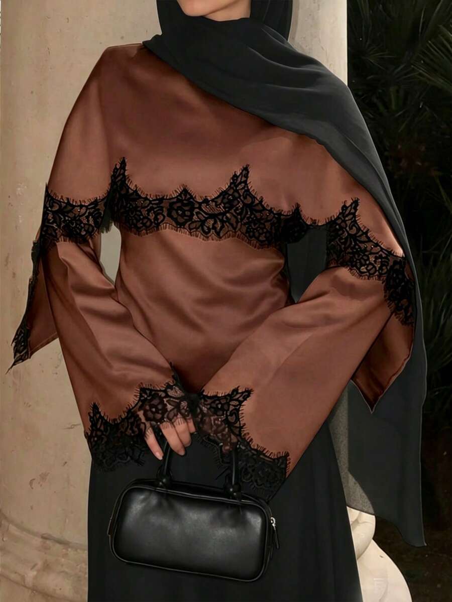 Middle Eastern Arabic Women's Lace Patchwork Round Neck Long Sleeve T-Shirt, Versatile Top, Spring Summer Autumn Vacation