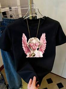Women's Short Sleeve T-Shirt With Elegant Angel Wings And Heart Print With Glasses - Casual Black Round Neck Blouse Suitable For Casual Wear, Regular Fit Straight Line Shirt, Shipped From Mexico For Fashion Lovers (All Year Round Wardrobe Essential) - 黑色 - 查看 1