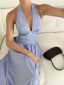 Vestido largo con cintura fruncida y anudada en el cuello - Azul - Ver 3