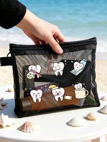 Summer Beach Mesh Bag Printed With Three Cute Teeth (Teeth Brushing Their Teeth), Multi-Functional Travel Toiletry Bag, Daily Skincare Bag, Cosmetic Storage Bag, Vacation Swimwear Storage, Dormitory Supplies. Suitable For Holidays, Bathrooms, School, Bedrooms, Hotels, Parties. Suitable Birthday Gift, Travel Souvenir, Graduation Gift, Teacher's Day Gift, Back-To-School Gift - Multicolor - View 2