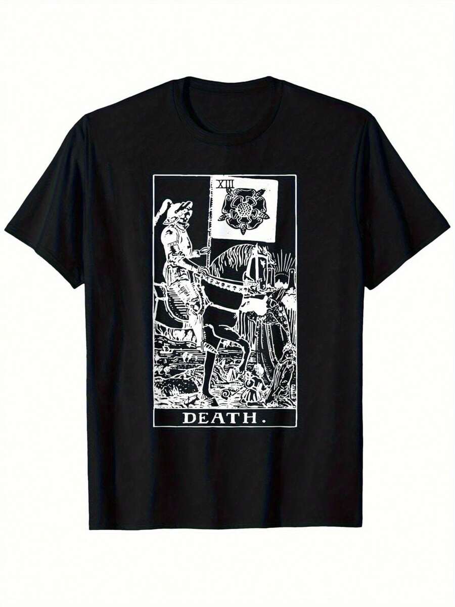Solid Color T-Shirt 2026, "Death Card" T-Shirt (Traditional Design) - T-Shirt For Men, Women, Dad, Mom, Friends, Black, Suitable For Travel, Home And Parties, A Perfect Gift For Women And Men. - 黑色 - 查看 1
