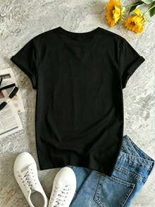 1 Piece Women's Grammy Daisy Floral Print Pure Cotton T-Shirt, Short Sleeve Crew Neck T-Shirt, Casual Summer Cute T-Shirt For Mother's Day, For Daily Wear, Casual And Comfortable - Grammy Gift, 180g, 100% Cotton. - 黑色 - 查看 3