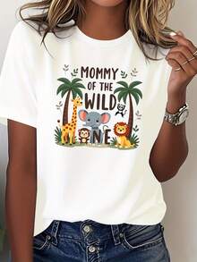 Women's Fashionable Casual Printed T-Shirt With Round Neck, Featuring A "Wild Nature Mom" Design With Elephant And Lion Motifs. Women's Casual Printed T-Shirt, Short Sleeve, Round Neck, Local Urban Fashion For Spring/Summer. - 白色 - 查看 1