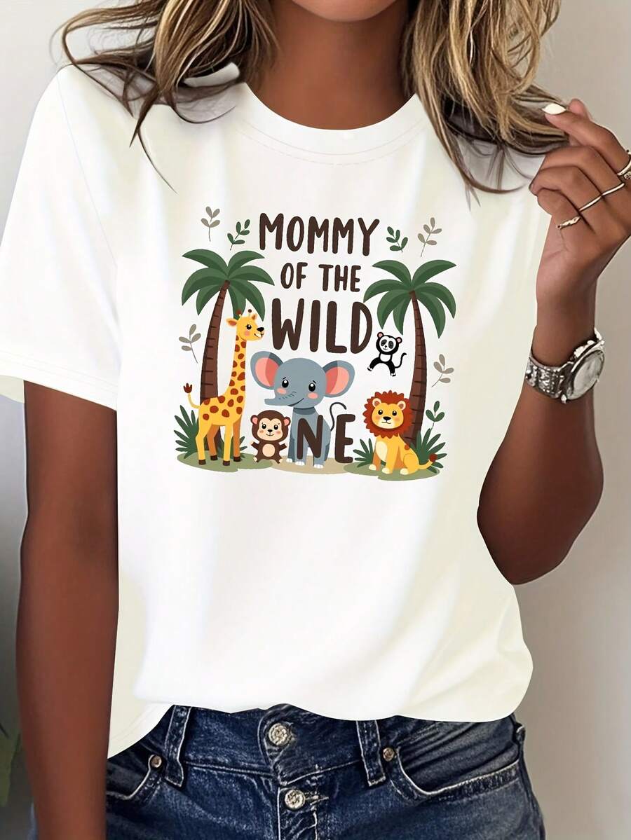 Women's Fashionable Casual Printed T-Shirt With Round Neck, Featuring A "Wild Nature Mom" Design With Elephant And Lion Motifs. Women's Casual Printed T-Shirt, Short Sleeve, Round Neck, Local Urban Fashion For Spring/Summer. - 白色 - 查看 1