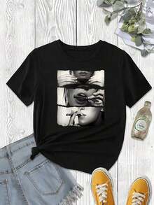 Women's Short-Sleeved Shirt With Floral Print And Lettering In Modern Pink For Everyday Wear - Black 6 - View 7