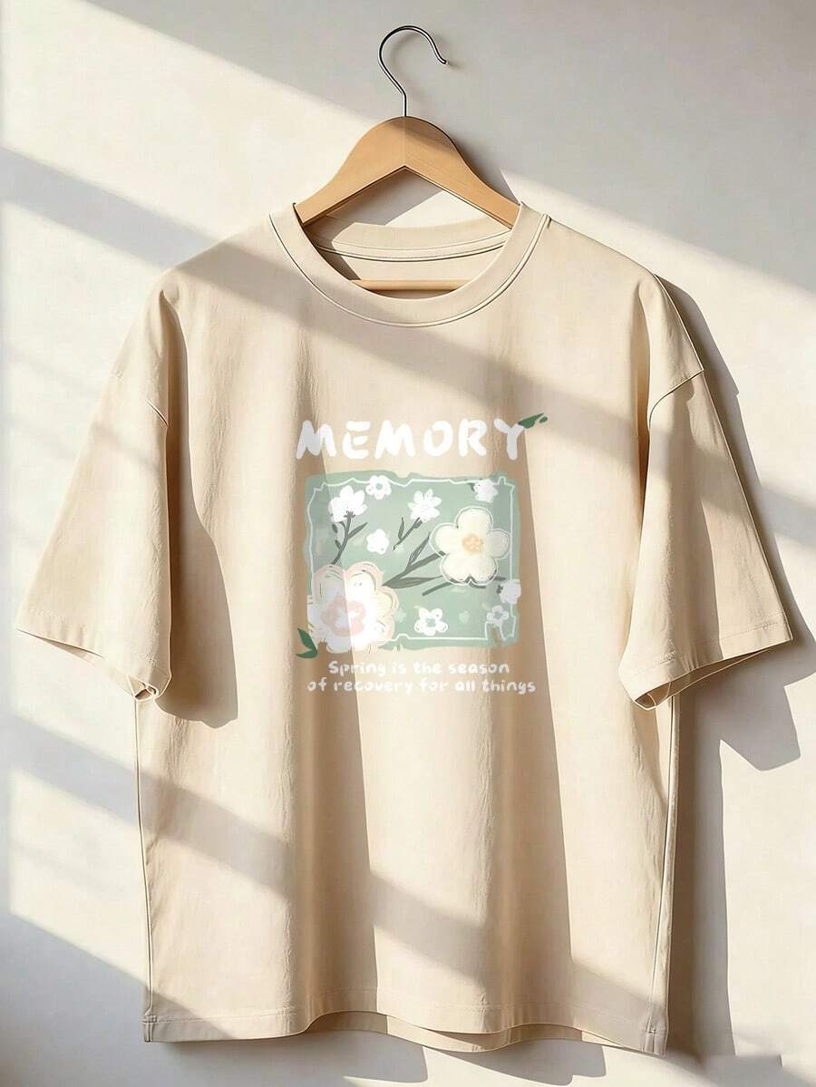 Floral T-Shirt With The Text "MEMORY". Short-Sleeved T-Shirt For Spring And Summer 2026, Made In Mexico, 180 Grams. Cartoon Print, Couple Design, Suitable For Indoor Or Outdoor Wear. Crew Neck, Unisex, Ideal For The Office And Leisure. One-Pack. - APR-P631577SLNDXZGY582 - 查看 1