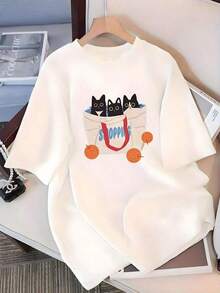One Piece Of Casual Fashion For Men And Women. Women's Y2K Style Short-Sleeve T-Shirt With An Adorable Cat Print, Perfect For Summer. , Versatile, And Loose-Fitting With A Crew Neck. Versatile, Easy To Match, Suitable For Everyday Wear, Streetwear, Vacation Outfits, And Weekend Wear. - 白色的 - 查看 7