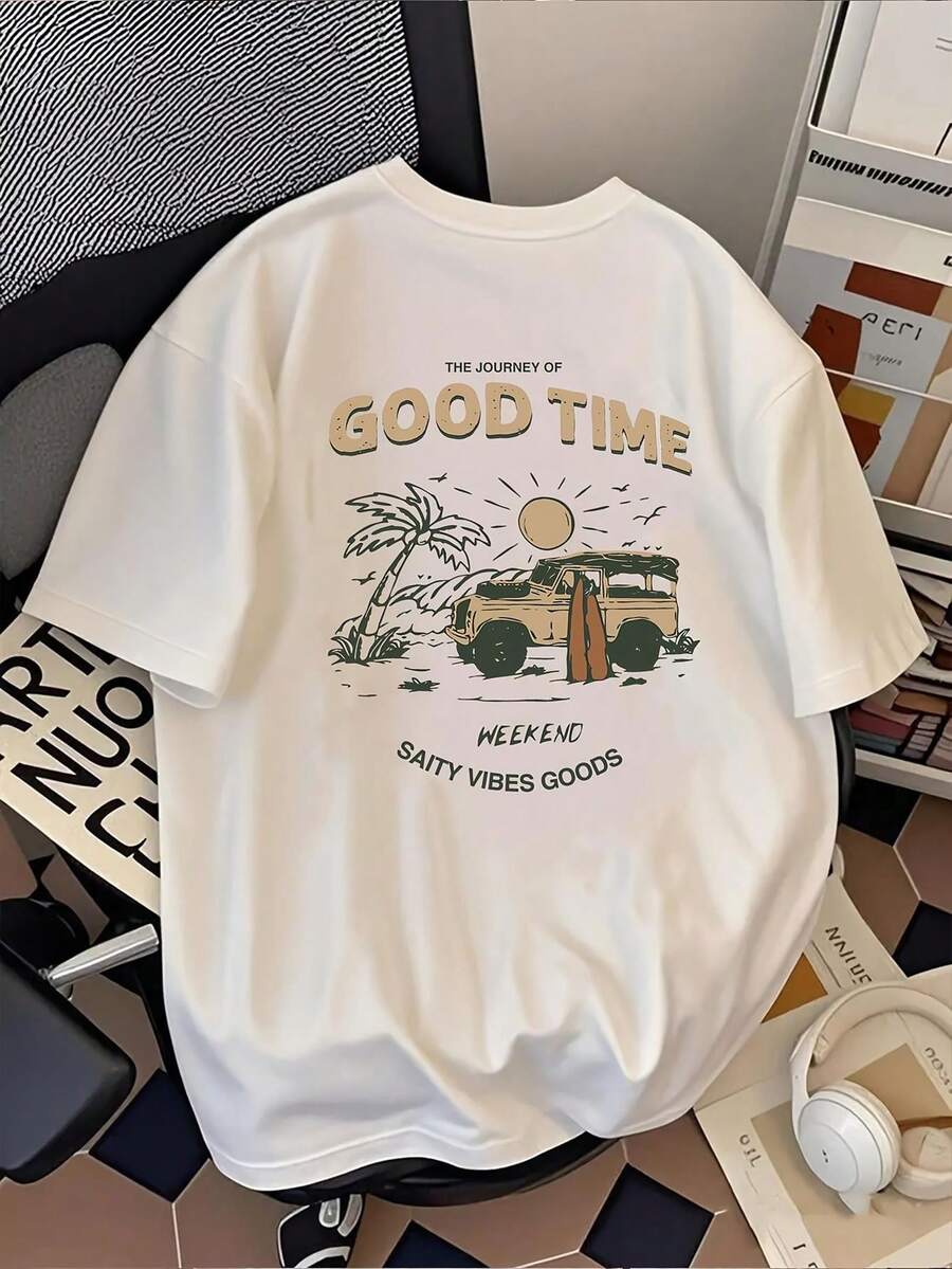 Men's Printed T-Shirt - A Journey Through Good Times, Featuring A Van And A Tree Design. This Casual, Short-Sleeved, Crew-Neck T-Shirt Is Suitable For All Seasons, Perfect For Holidays, Unisex, And A Great Gift And Collectible. Loose And Comfortable. - White - View 1