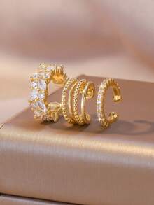 1 Set de 3 Clips de Oreja con Forma de C de Cobre Vintage con Circonita Cúbica, Adecuado para Uso Diario, Festivales, Fiestas y Otras Ocasiones de Mujeres - Dorado - Ver 6